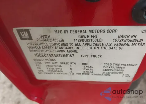 2003 Chevrolet Silverado 1500 z USA, uszkodzony, nr VIN 1GCEC14X43Z284937